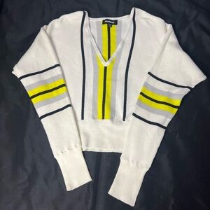 EXPRESS White V-Neck Bat Sleeve Sweater with HighLighter Yellow and Grey Stripe